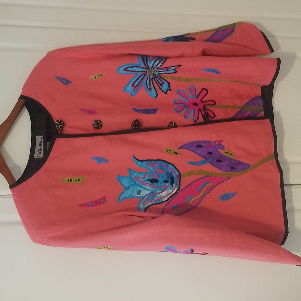 Indigo Moon Vintage Boho  Lined Jacket. Lovely Coral Flower Buttons Large
